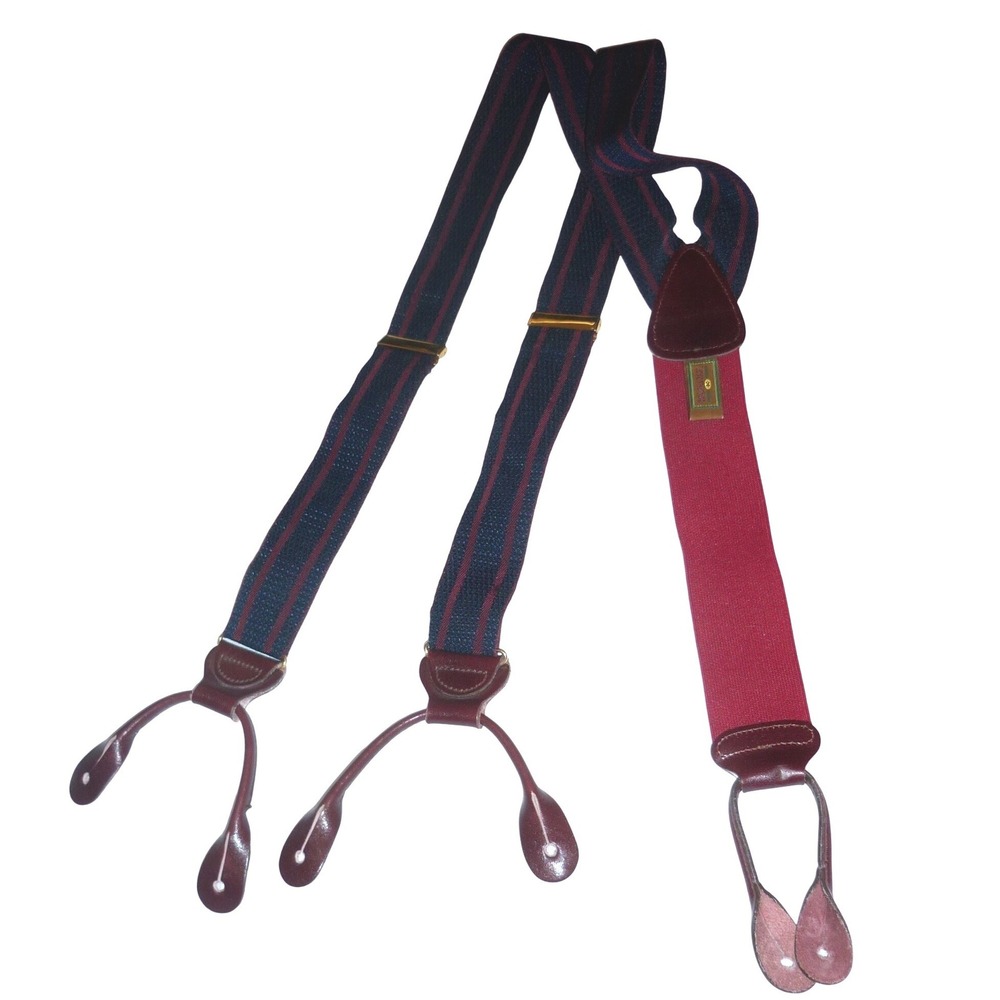 Trafalgar Mens Suspenders Braces Navy Blue Burgundy Striped Leather Button End